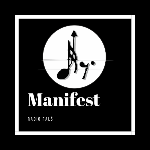Logo Radio Falš na dizajnerskoj pozadini s natpisom "Manifest"